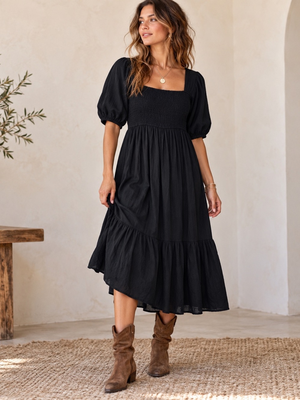 NWOT Japna Black Linen Blend Smocked Tiered Midi Dress
